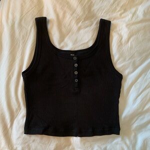Uniqlo Black Ribbed Henley Crop Tank